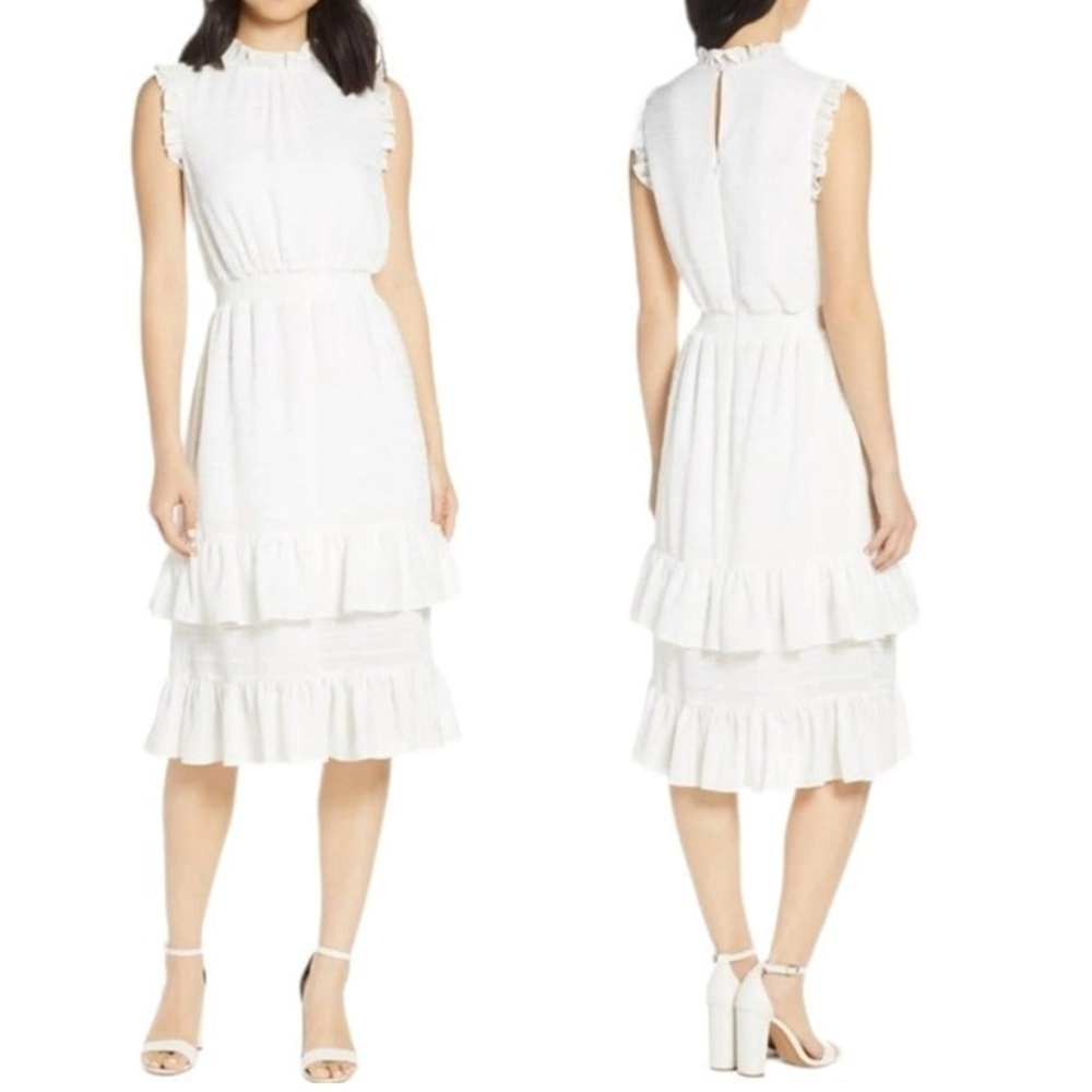 Avec Les Filles Ruched Ruffle Tiered White Midi Dress